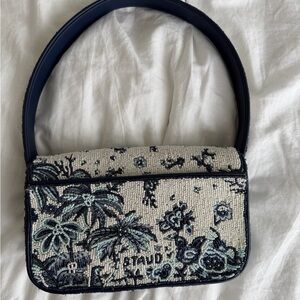 STAUD Tommy Bag 2023 | Navy and Cream Embroidered Shoulder Bag